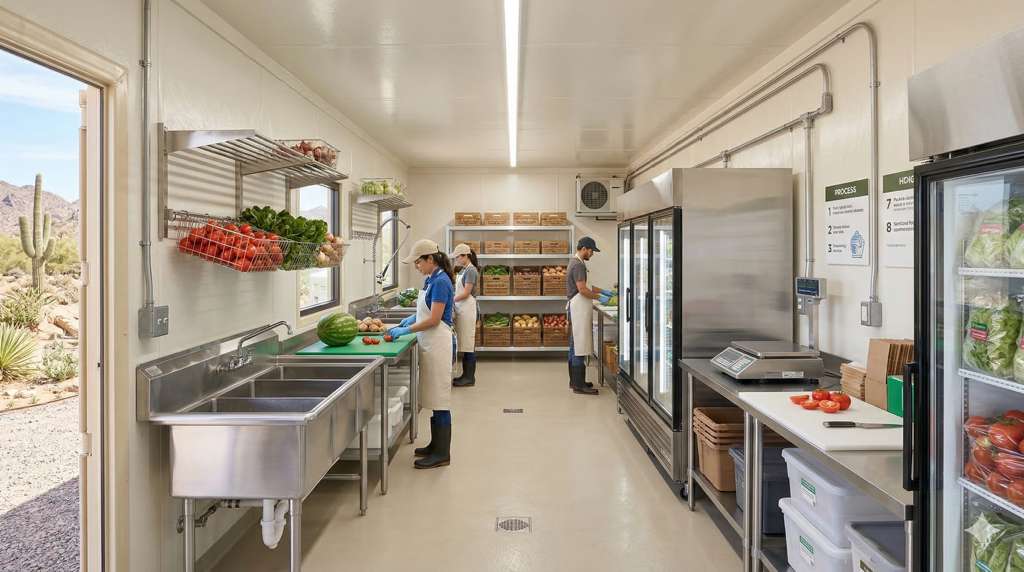 Community members preparing fresh food in a shared kitchen space