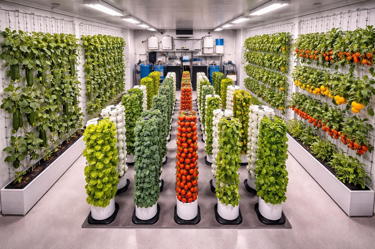 Indoor vertical hydroponic tower garden with colorful produce