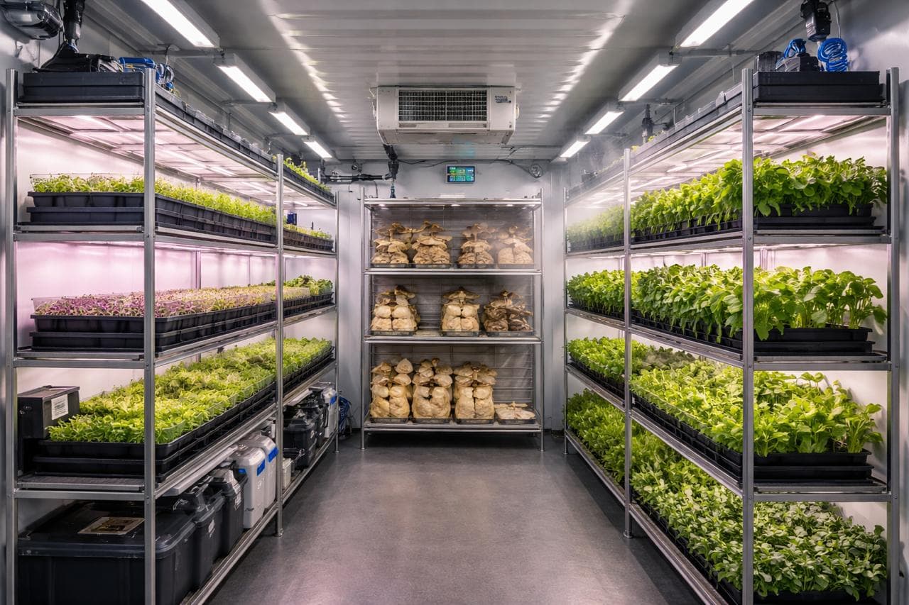 Indoor hydroponic shelving system with seedlings under grow lights